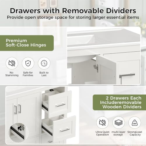 LUMISOL 42 Inch Bathroom Vanity with Sink, Freestanding Bathroom Vanity with Ceramic Sink, Soft-Close Doors, 4 Drawers, Door Storage Shelves, Towel Rack, White