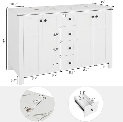 48" Bathroom Vanity with Sink, White Modern Freestanding Bathroom Vanity Cabinet with Marble Texture Top and 4 Drawers, Two Boat Silver Glass Vessel Sinks
