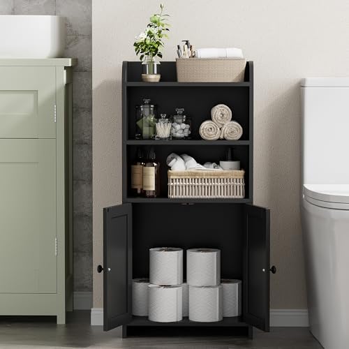Homhedy Small Bathroom Storage Cabinet, Toilet Paper Storage Cabinet | Bathroom Floor Cabinet with Doors and Shelves, Bathroom Organizers for Small Spaces, 7.9" D x 14.6" W x 31" H, Black