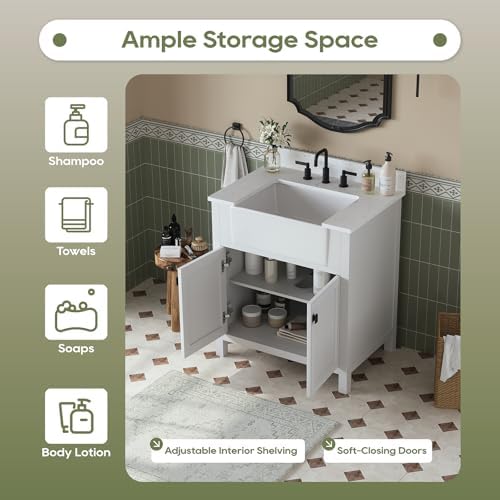 30 Inch Bathroom Vanity with Apron Farm Sink, White | Solid Wood Fully Assembled Bathroom Sink Cabinet, Farmhouse Single Sink Bathroom Vanity with Soft Close Doors, Stone Top