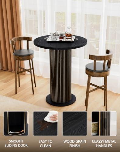 Bar Table with Storage and Sliding Door, 39.4” H 31.5” W Small Round Kitchen Table, Home Bar High Top Cocktail Table for Kitchen, Coffee Bar, Living Room, Black