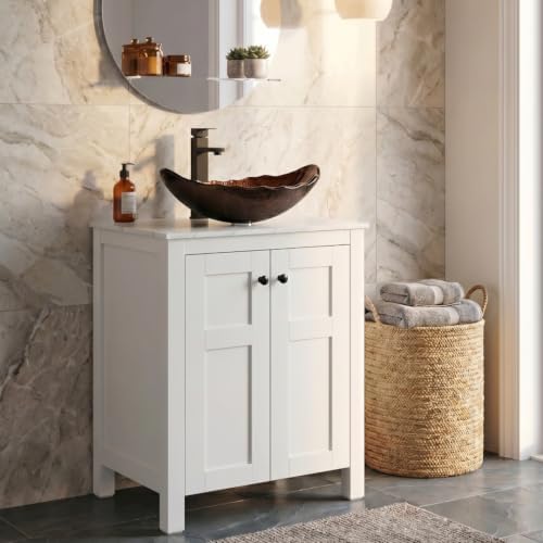 24 Inch White Bathroom Vanity with Marble Texture Top, Traditional Standing Pedestal Cabinet with Brown Leaf Glass Sink