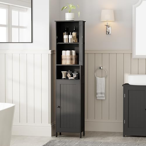 Homleke Tall Bathroom Storage Cabinet with 2 Doors, Slim Bathroom Cabinet | Narrow Storage Cabinet with Adjustable Shelves, Reversible Door, Easy Assembly, for Bathroom, Living Room, Black, 15.7''W