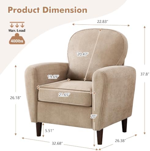 Accent Chair Set of 2, Mid Century Modern Arm Chair with Thick Cushion and Back, Comfy Upholstered Reading Single Sofa Chair for Living Room, Bedroom, Club, Khaki