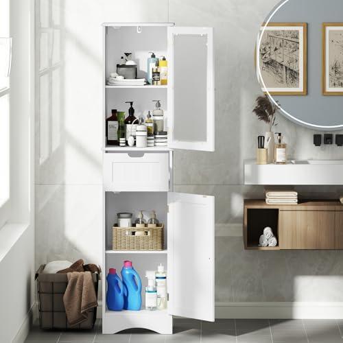 COSTWAY 67” Tall Bathroom Storage Cabinet, Freestanding Floor Cabinet with 2 Doors & 1 Drawer, 3-Level Adjustable Shelves, Narrow Slim Linen Tower for Bathroom, Living Room, Kitchen (White) | with 2 Doors & 1 Drawer, 3-Level Adjustable Shelves, Narrow ...