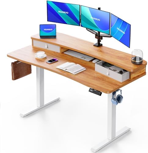 HUANUO 55″ x 26″ Electric Standing Desk with 2 Drawers, C-Clamp Mount Compatible, Height Adjustable Computer Desk, Home Office Stand Up Desk with 4 Preset Heights & 2 Hooks, Light Vintage