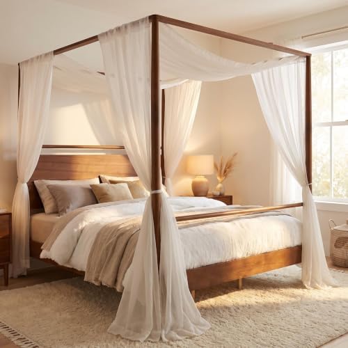 King Size Wood Canopy Bed Frame, Walnut Vintage Four-Posters Frames