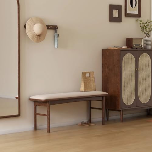 47.2'' Leather Upholstered Dining Bench with 100% Solid Oak Wood Bench Frame, Padded Bed End Bench Ottoman for Kitchen Living Room Bedroom Entryway, Champagne
