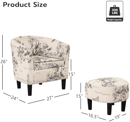 INZOY Modern Accent Chair with Ottoman for Small Space, Club Chair with Ottoman Set, Comfy Fabric Barrel Reading Chairs for Living Room Bedroom, Round Reading Chair with Foot Rest, Flower Pattern