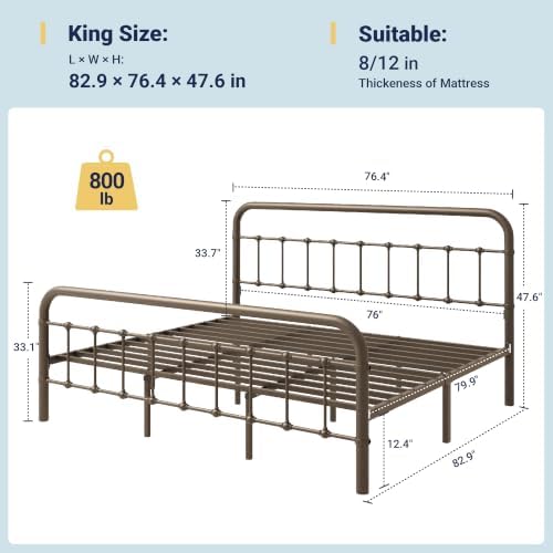 Allewie King Metal Bed Frame with Iron-Art Headboard, Antique Bronze