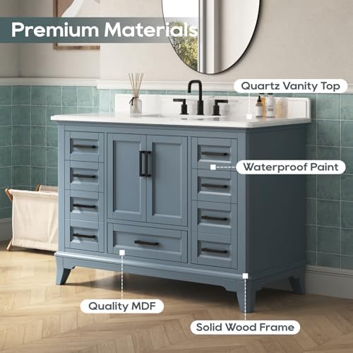 48 Inch Bathroom Vanity with Sink, Modern Steel Blue Bathroom Vanities with Soft Closing Doors & Dovetail Drawers, Quartz Countertop, No Assembly Required