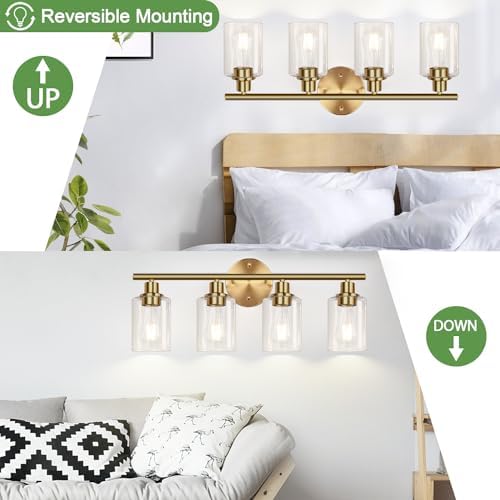 4-Light Bathroom Light Fixtures, Brushed Gold Modern Vanity Lights Over Mirror with Clear Glass Shade, Bathroom Wall Lamp for Mirror Kitchen Living Room Hallway Cabinet Porch Bedroom Reading room