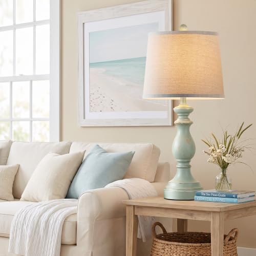 PARTPHONER Traditional Table Lamp Set of 2, Rustic Farmhouse Table Lamps for Living Room Bedroom, 27" Bedside Desk Lamps Vintage Nightstand Lamps with Linen Shades, Light Green