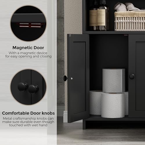 Homhedy Small Bathroom Storage Cabinet, Toilet Paper Storage Cabinet | Bathroom Floor Cabinet with Doors and Shelves, Bathroom Organizers for Small Spaces, 7.9" D x 14.6" W x 31" H, Black