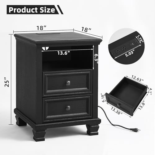SAVOR LIFE Farmhouse Side Table with Charging Station, Black