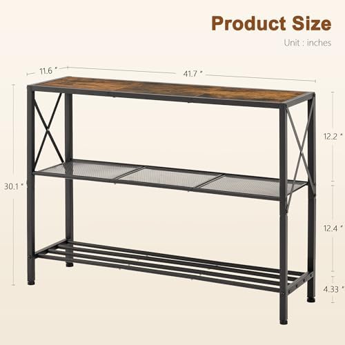 Hoctieon Industrial Console Table, 3 Tier Entryway Table, Hallway Table, Narrow Sofa Table with Shelves, Entrance Table for Entryway, Living Room, Foyer, Hallway, Office, Rustic Brown&Black