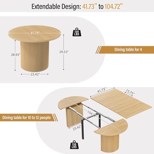 weselon 42"-105" Extendable Dining Table for 4-12, Expandable Oval Dining Room Table with Fluted Pedestal Base & Reinforced Metal Support Leg, Large Modern Kitchen Table for Dining Room (Natural)