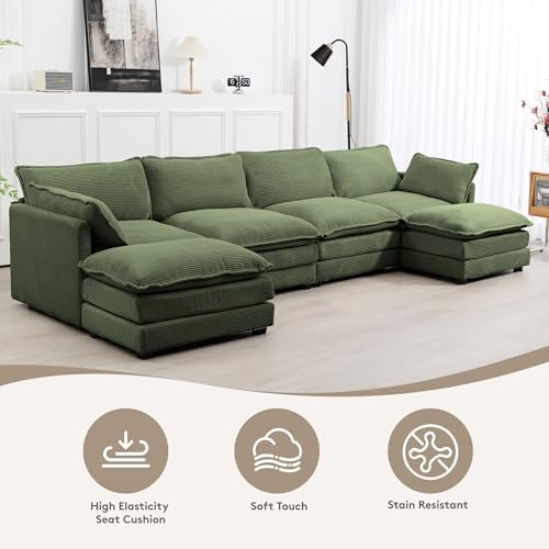 ROWHY 148'' Modular Sectional Cloud Couch with 2 Movable Ottomans, Oversized 6 Seat Modern Corduroy Sofas, Deep Seat U Shaped Couch for Living Room Bedroom Apartment,Green