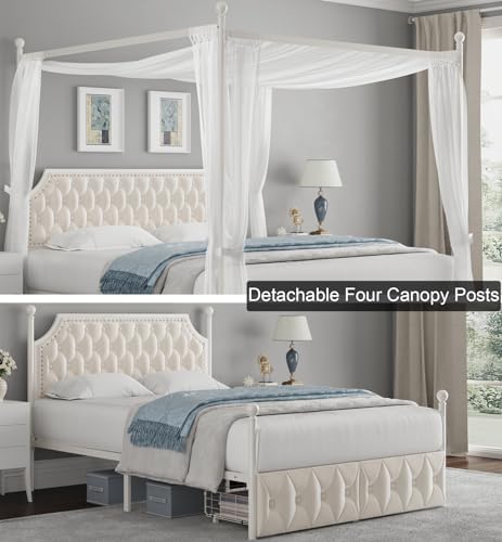 Keyluv Full Upholstered Canopy Bed Frame with 2 Storage Drawers & Button Tufted Headboard, Metal Platform Bed with 4 Removable Posts, Two-Purpose Velvet Bed, Beige/Curtain Not Included