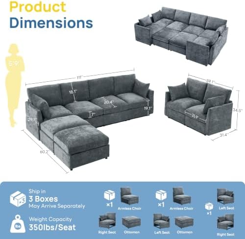 Iroomy Modular Sectional Couch for Living Room, Modern Convertible Cloud Sofa with Ottoman, Spring Cushion Seating, Grey