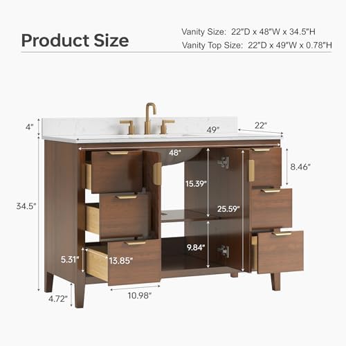 48 Inch Bathroom Vanity with Sink, Pre Assembled, Walnut | Solid Wood Single Sink Bathroom Vanity with Soft Close Doors & Dovetail Drawers, 0.78" Engineered Stone Top, Backsplash