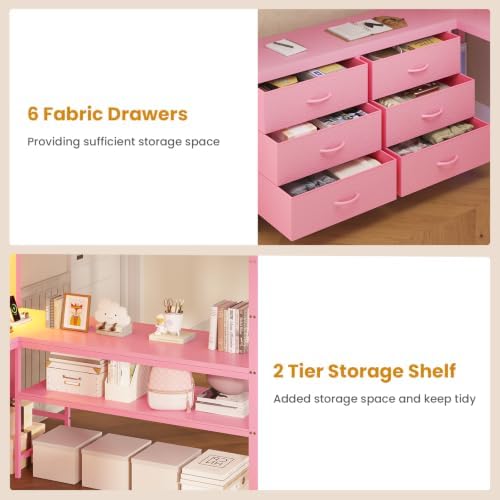 ADORNEVE Loft Bed Full Size with U-Shaped Desk, 6 Storage Drawers, Pink