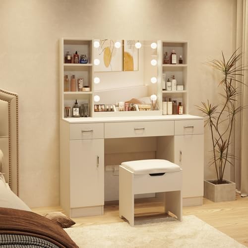 Halitaa Makeup Vanity Desk with Lighted Mirror, White Vanity Set Makeup Table with 3 Drawers, 2 Cabinets and Storage Stool, Large Vanity 45inch, White
