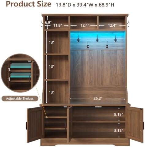 CSZZD Hall Tree with Bench and Shoe Storage, Farmhouse Entryway Bench with Coat Racks and Led Lights, Tall Hall Tree with 7 Coat Hooks, 6 Storage Cubbies, Adjustable Shelf