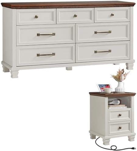 SAVOR LIFE Farmhouse Dresser and Nightstand Set 2 Piece for Bedroom, White