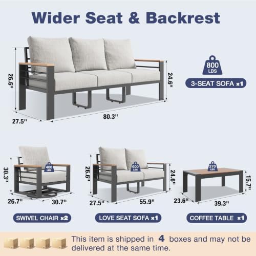Aoxun Aluminum Patio Furniture Set 7 Seats with Swivel Chair, Oversized Outdoor Sectional with Washable Thick Cushions, Coffee Table, Patio Conversation Sets for Porch, Balcony, Deck