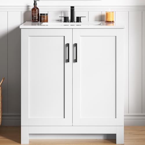 LIKIMIO 30" Bathroom Vanity with Sink, 2 Soft-Close Doors, White | Freestanding Bathroom Vanity, Integrated Ceramic Sink, Modern Bathroom Storage Cabinet for Small Bathroom, Easy Assembly