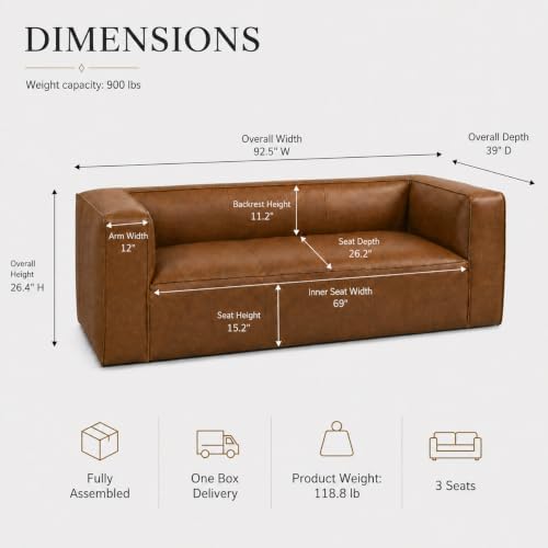 92.5-Inch Cognac Tan Genuine Leather Sofa, Modern 3-Seater Couch