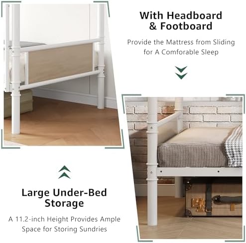 Jocoevol Metal Bunk Bed Twin Over Twin, Industrial Bunkbeds Heavy Duty Bed with Safety Guard Rails and Space-Saving Design, Steel Bed for School, Bedroom (White)
