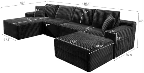 135-Inch U-Shaped Compressed Cloud Sofa Modular Boneless Cloud Sectional Sofa W/Left Facing Chaise Lounger and Ottoman, Oversized Plush Corduroy Corner Boneless Foam Couches