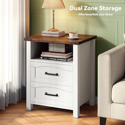 Decofy Farmhouse Nightstand with Charging Station, 2 Drawers