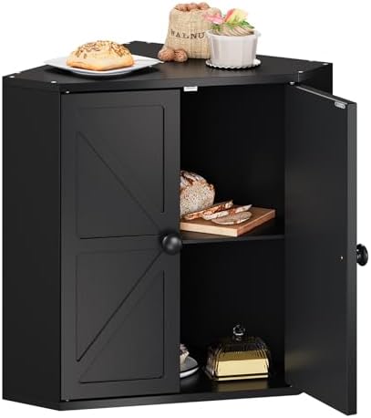 Trironsun Corner Bread Box for Kitchen Counter Double Layer Bamboo Bread Storage Container Large Capacity Bread Storage Bin Farmhouse Breadbox Organizer (Black)