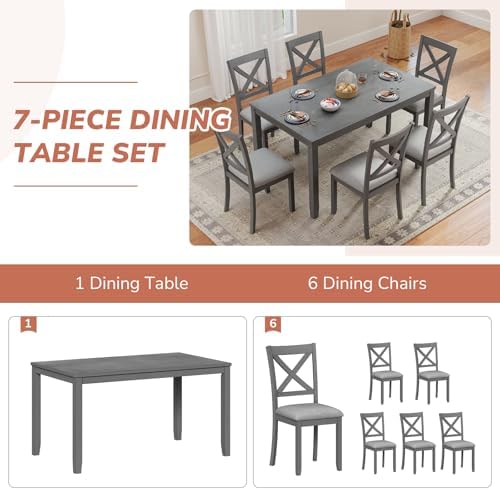 Zevemomo 7-Piece Solid Wood Dining Table Set, Farmhouse Wooden Legs, Grey