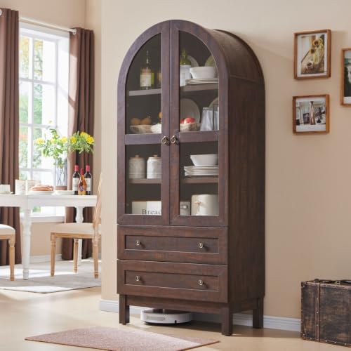 IFGET 71" Tall Arched Kitchen Pantry, Kitchens Storage Cabinets, Brown
