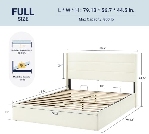 Allewie Full Size Chenille Lift Up Hydraulic Storage Bed Frame Cream White
