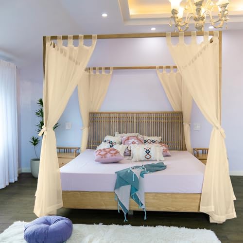 Linentalks Canopy Bed Curtains for King, Queen, Full and Twin Bed, 4 Corner Bed Canopies & Drapes, Four Poster Bed Canopy Curtains Beds, Sheer Curtains for Canopy Bed Drapes, Champagne