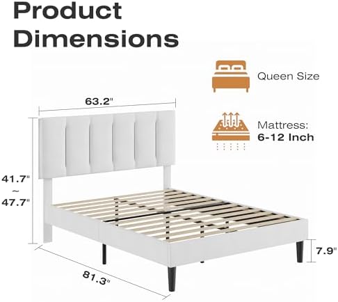 VECELO Queen Size Bed Frame with Upholstered Headboard, Pure White