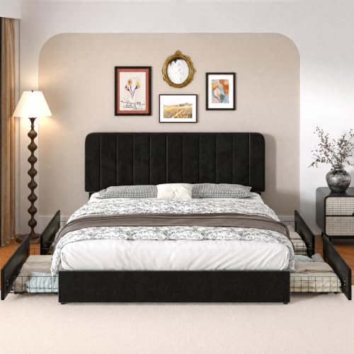 VECELO Queen Size Upholstered Bed Frame with 4 Drawers and Headboard, Velvet Platform Storage Bedframe, Wooden Slats Support, No Box Spring Needed,Black