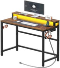YATINEY Small Computer Desk with Charging Station and LED Lights, Gaming Desk with Monitor Stand, 2-Tier Home Office Desk with 4 Side Hooks, for Living Room, Home Office, Rustic Brown DN01UDBRY2