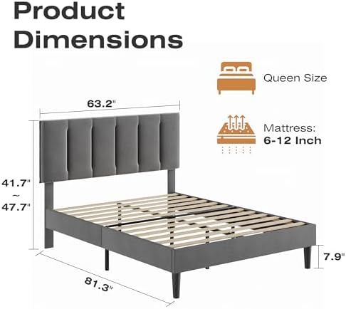 VECELO Queen Size Bed Frame with Upholstered Headboard, Dark Grey