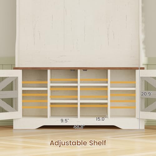 Itaar Hall Tree with Bench and Shoe Storage, 5-in-1 Entryway Bench with Coat Rack, 10 Shoe Cubbies & 9 Coat Hooks, Barn Door & Adjustable Shelf (White)