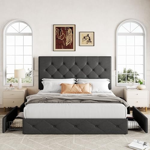 Allewie Queen Size Storage Bed Frame with 4 Underbed Drawers, Upholstered Platform Bed with Adjustable Headboard, Diamond Button Tufted, Easy Assembly, Noise-Free, No Box Spring Needed, Dark Grey