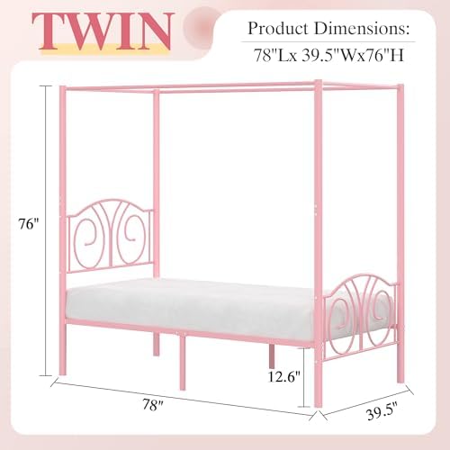 VECELO Twin Canopy Bed Frame, Vintage Scrollwork Headboard, Pink