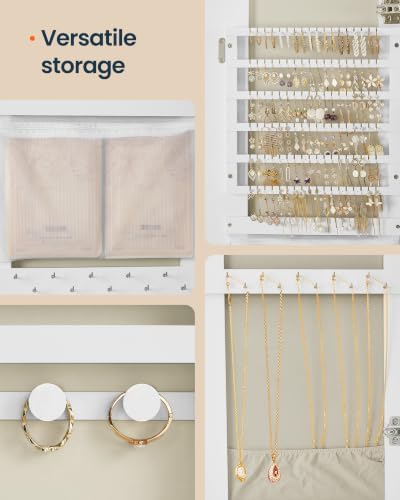 SONGMICS HOME 360° Swivel Jewelry Cabinet Standing, Mirror with Storage | Lockable Jewelry Armoire with Vanity and Rear Shelves, Full Length Floor Mirror with Storage, Cloud White UJJC036W01SH