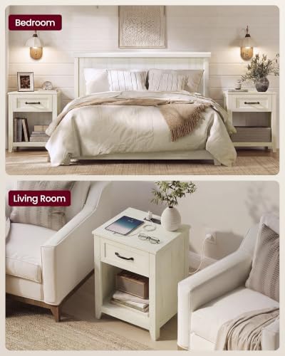 VASAGLE Farmhouse Nightstand with Charging Station, Drawer, Set of 2