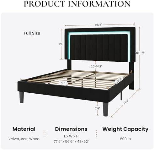 SHA CERLIN Full Size Velvet Bed Frame with LED Light, Black